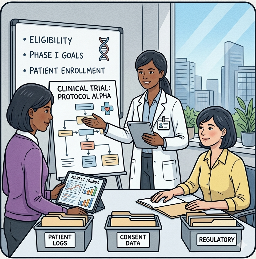 Tessa, Callie and Tanya discussing a new clinical trial