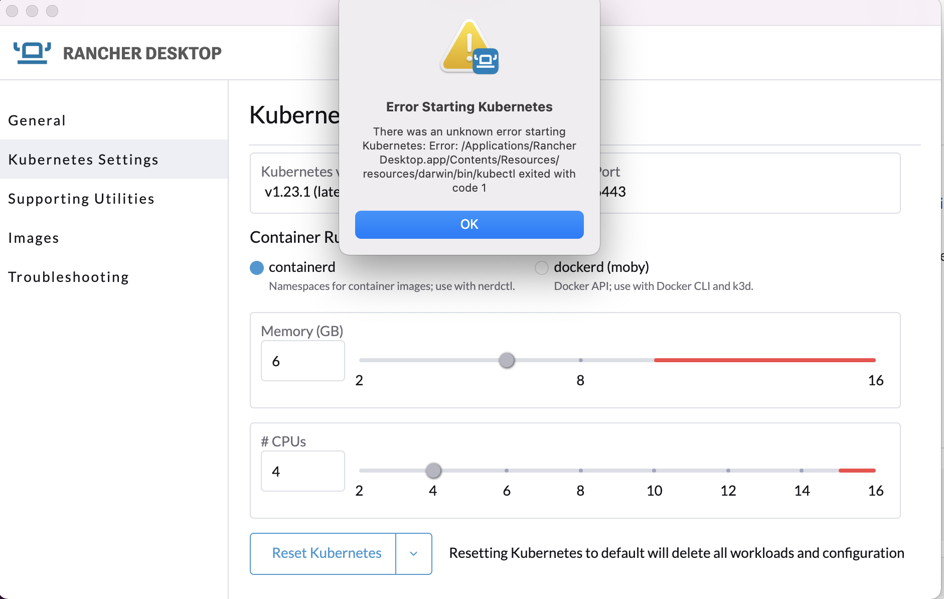 Rancher Error Starting Kubernetes