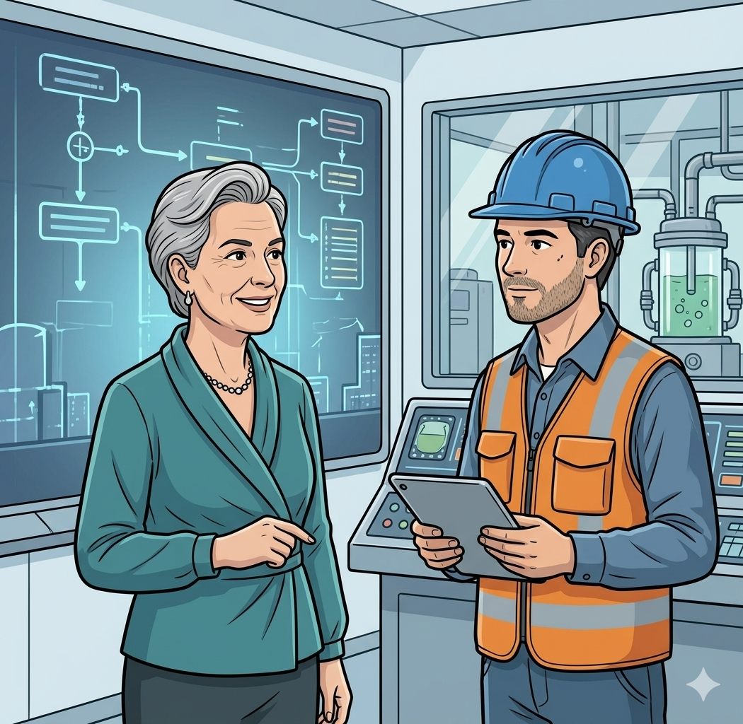 Erin and Stew discussing the data he needs for manufacturing
