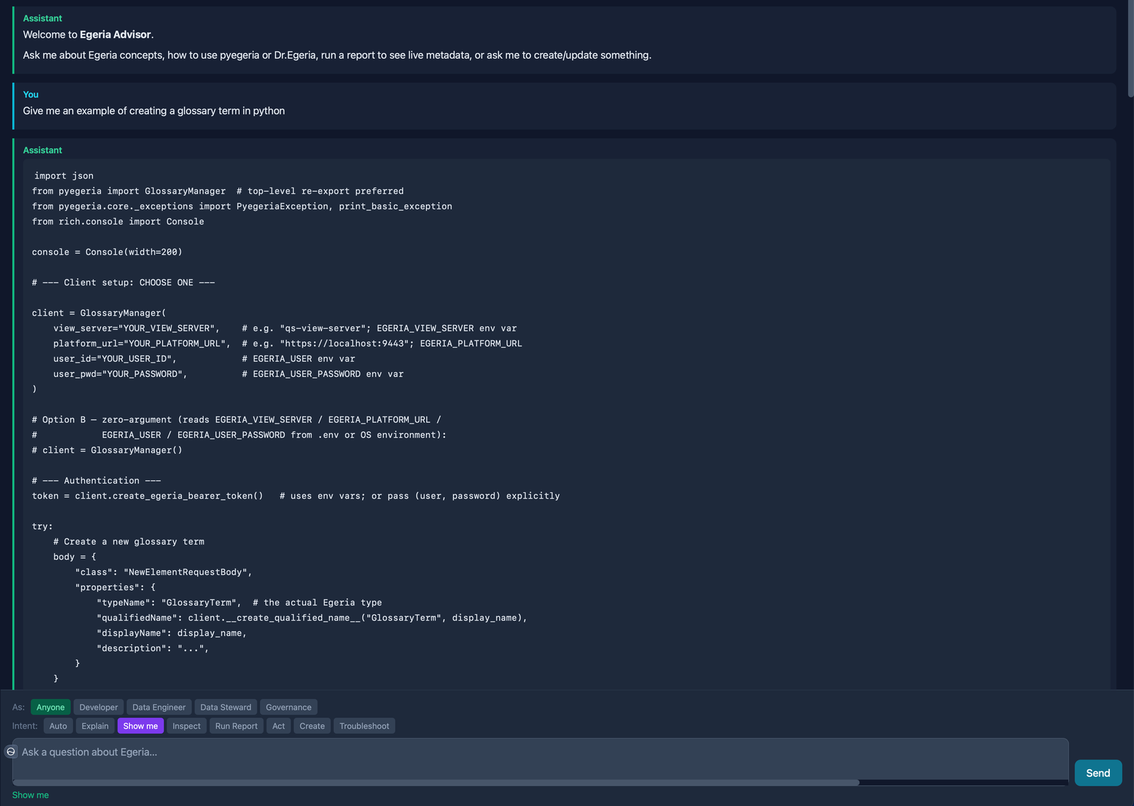 Egeria Advisor answering a request for an example of creating a glossary term in Python