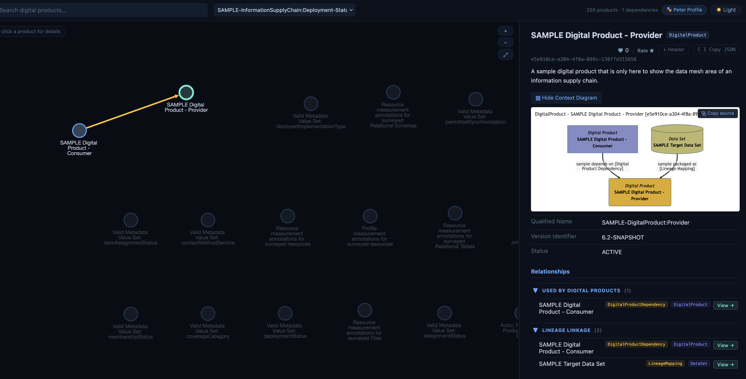The details of the SAMPLE Digital Product - Provider, with its context diagram displayed, its properties, and its relationships to the consumer product and the data set that it packages